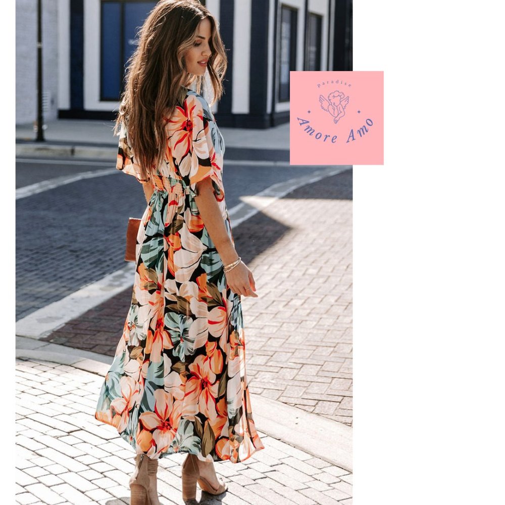 Kim K Dress 🌸 Kimono Bohemian Maxi Tunic Leg Slit Orange Pattern Dress - Picture 2 of 8
